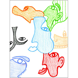 Pastel gras, visages, palabres, discussion, dessin symbolique, bouche, orange, rouge, bleu, vert, beige, noir